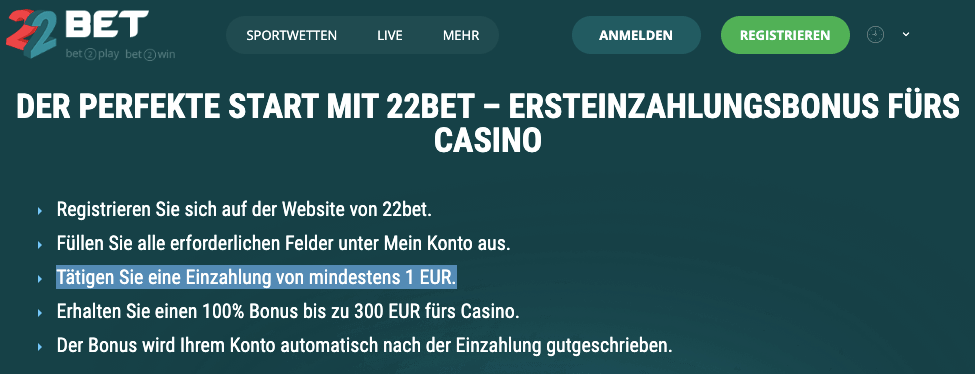 22Bet Casino 1 Euro einzahlen
