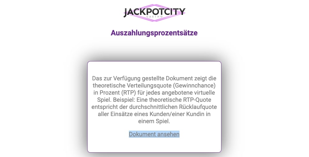 JackpotCity Auszahlungsquote